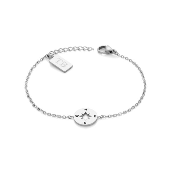 Pulsera Sarah de acero inoxidable para mujer de la marca portuguesa Twobrothers. Pulsera con colgante en forma de brújula y marcado de los puntos cardinales presentes en la rosa de los vientos.