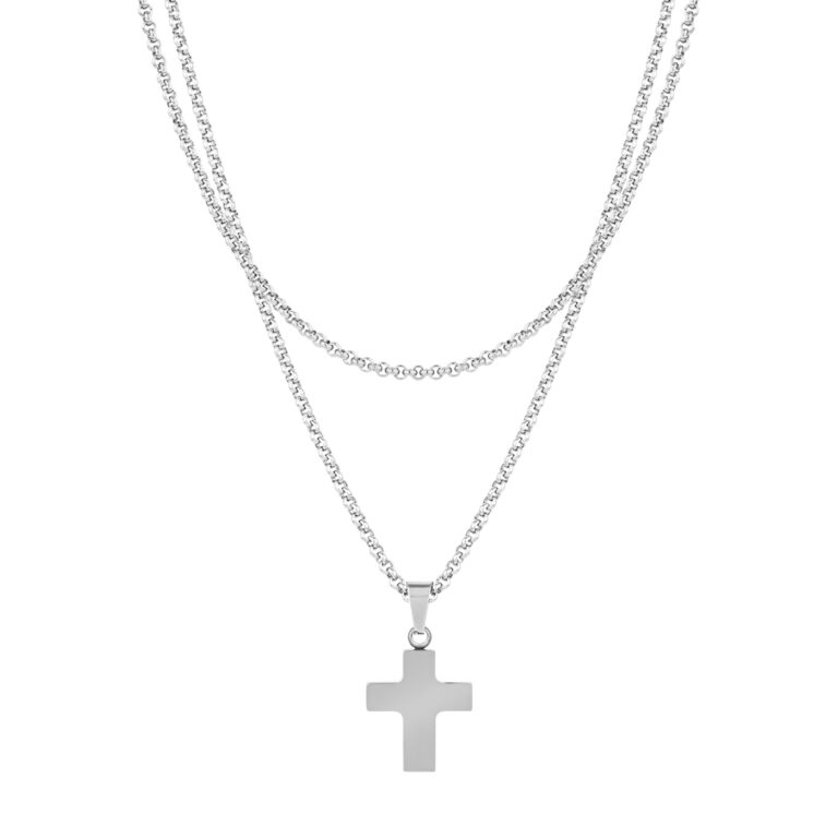 Conjunto para hombre de Collares Brunet, en color plata, con un colgante en forma de cruz, en acero inoxidable, de la marca Twobrothers.
