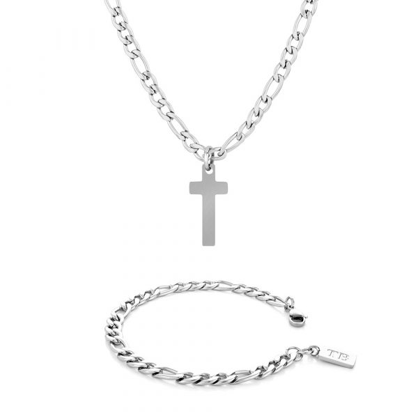 Conjunto de collar y pulsera de acero inoxidable para hombre - Twobrothers Norwalk Set de pulsera y collar Illinois - Collar con cruz