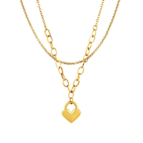 Collar Kimberly Gold de doble vuelta en acero inoxidable chapado en oro con colgante en forma de corazón para Mujer, producido por la marca portuguesa Twobrothers.