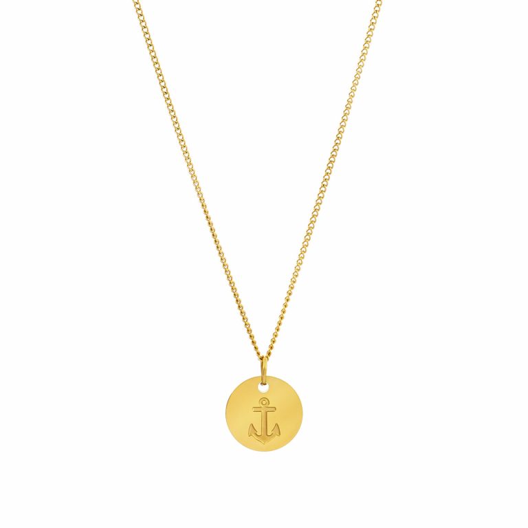 Colar Laurie em aço inoxidável dourado para mulher da marca portuguesa Twobrothers. Colar com medalha de uma âncora.