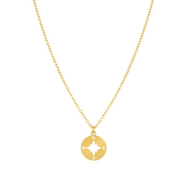 Collar Seward Gold de acero inoxidable dorado de la marca portuguesa Twobrothers. Collar con brújula dorada y marcado de los puntos cardinales presentes en la rosa de los vientos.