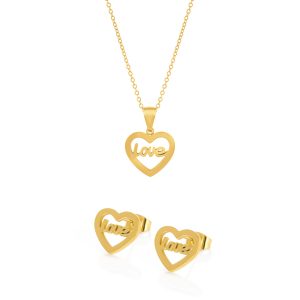 Conjunto de Pendientes y Collar de Oro Heart Love para mujer fabricados en acero inoxidable dorado por la marca portuguesa Twobrothers.