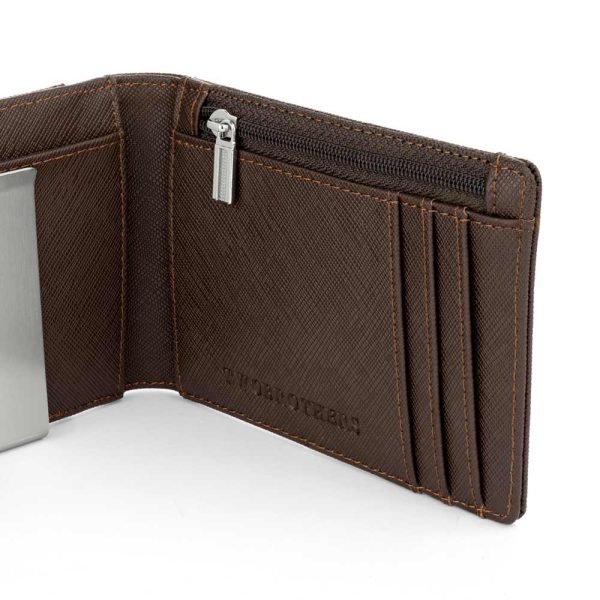 Zona billetera de la cartera Dallas en piel auténtica marrón con acabado efecto saffiano, producida por la marca portuguesa Twobrothers para hombre.