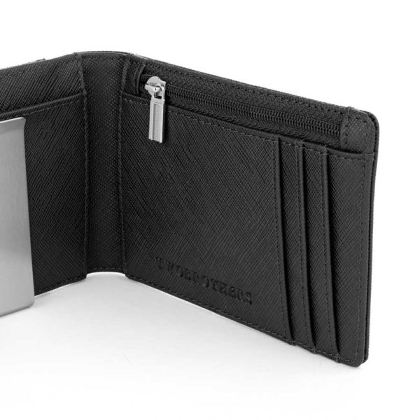 Zona billetera de la cartera Dallas en piel auténtica negra con acabado efecto saffiano, producida por la marca Twobrothers para hombre.