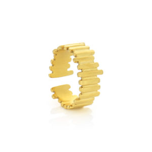 Elegante anillo para mujer, Lina, en acero inoxidable dorado cepillado con textura y ajustable al dedo de la marca Twobrothers.