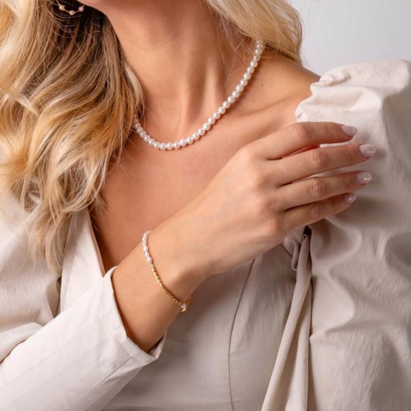 Pulsera Mujer Dorada con Perlas Blancas