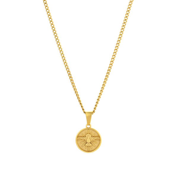 Colar homem dourado espirito santo com pendente em forma de medalha. Colar homem em aço inoxidável.