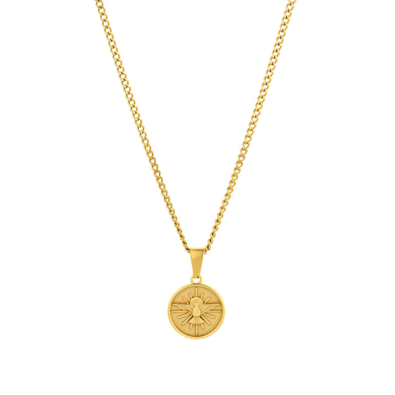 Colar homem dourado espirito santo com pendente em forma de medalha. Colar homem em aço inoxidável.