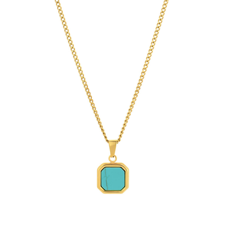 Collar hombre Piedra Azul, en color dorada, acompañado de un llamativo colgante que presenta una detallada piedra azul engastada en el acero, en acero inoxidable, de la marca Twobrothers.