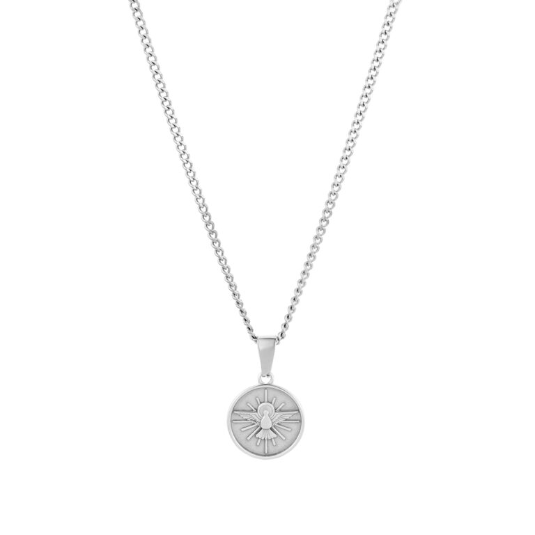 Collar hombre Espíritu Santo, en color plata, acompañado de un colgante en forma de medalla, en acero inoxidable, de a marca Twobrothers.