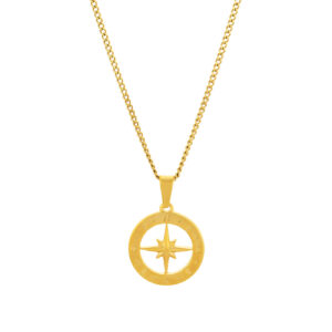 Colar masculino dourado com pendente medalha bússola em aço inoxidável.