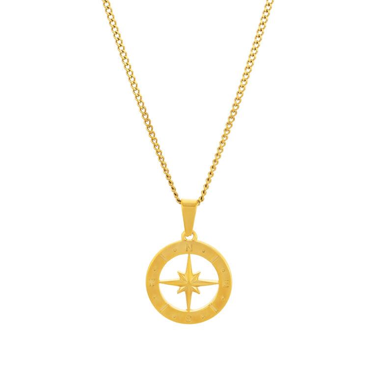 Colar masculino dourado com pendente medalha bússola em aço inoxidável.