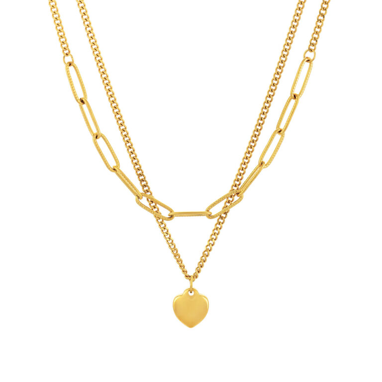 Collar de mujer doble de oro con colgante de corazón.