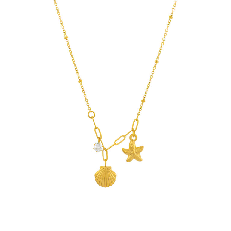 Collar de mujer dorado con colgante de concha y estrella en acero inoxidable.