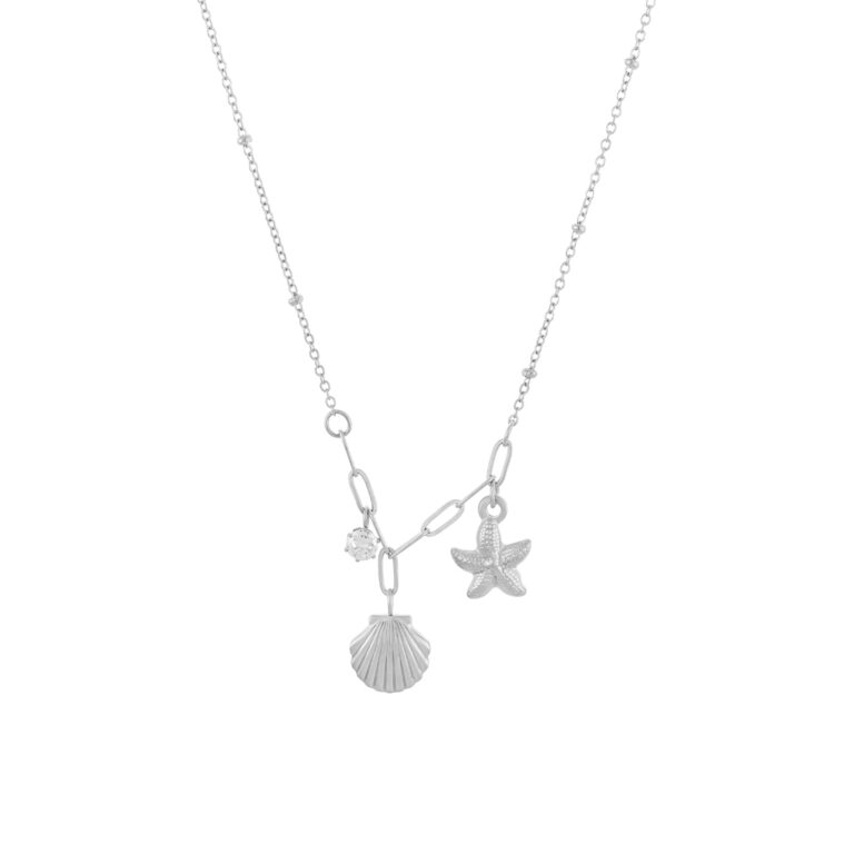 Collar de mujer de plata con colgantes. colgante de estrella y concha de mar.
