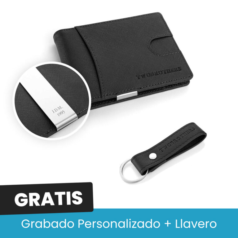 Cartera Dallas en Piel genuina negra con grabado personalizado e llavero gratis de marca Twobrothers