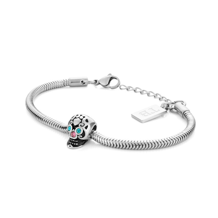 Pulsera de mujer de acero con colgante en forma de calavera con brillantes.