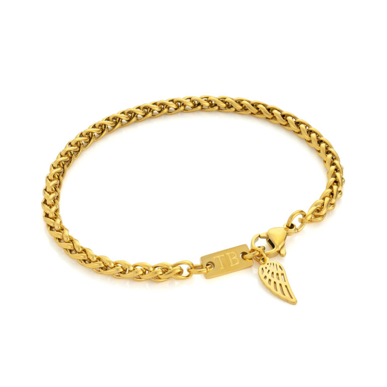 Pulsera de hombre de acero inoxidable dorado con colgante de ala.
