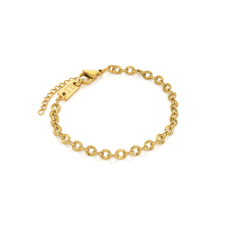 Pulsera dorada de mujer en acero inoxidable, sencilla y elegante.