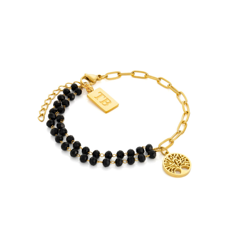 Pulseras de mujer de acero dorado con piedras naturales y colgante del árbol de la vida.