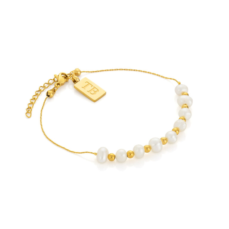 Pulsera de mujer de oro en acero inoxidable, con perlas intercaladas.