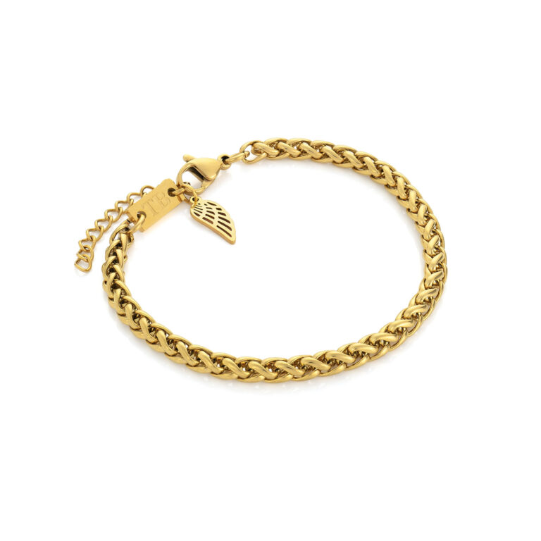 Pulsera dorada para mujer con colgante en forma de ala.