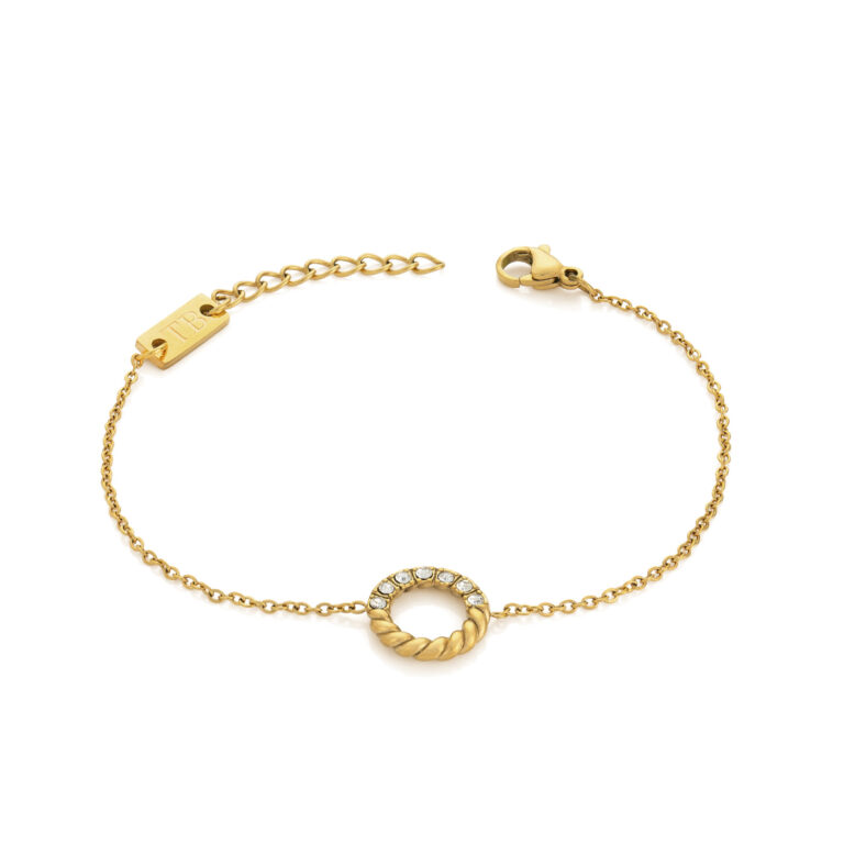 Pulsera dorada para mujer en acero inoxidable, con circonitas brillantes.