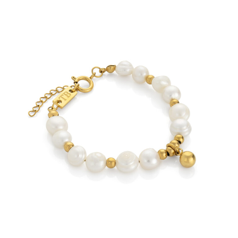pulsera de mujer dorada con perlas blancas