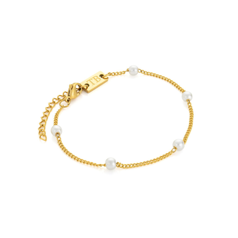 Pulsera de mujer con perlas, pulsera de acero dorado con perlas intercaladas.