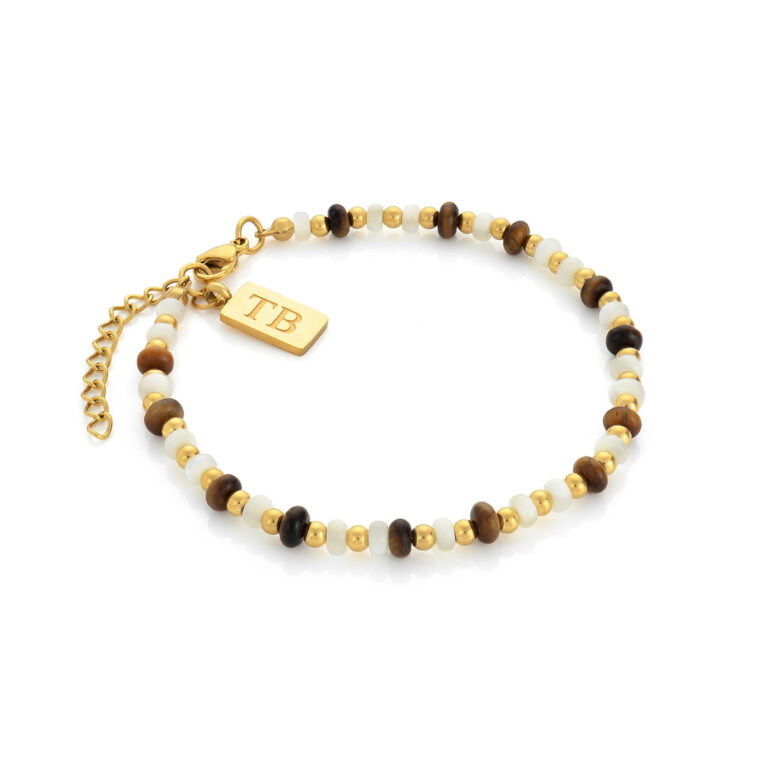 Pulsera dorada para mujer con piedras naturales de ojo de tigre.