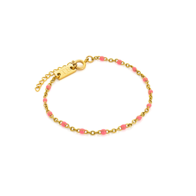 Pulsera fina de oro para mujer, con piedras rosas intercaladas.