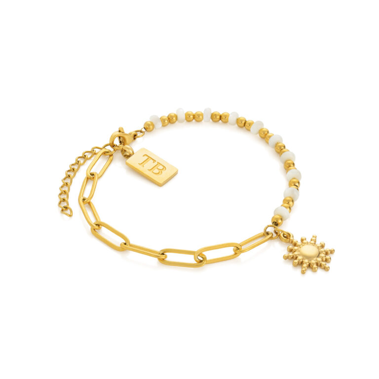 Pulseras de mujer doradas en acero inoxidable con piedras naturales y colgante de sol.