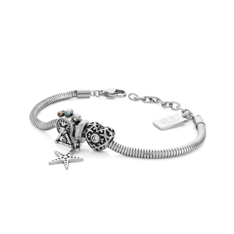 Pulsera de mujer de acero con colgante de cuentas, estrella y corazón