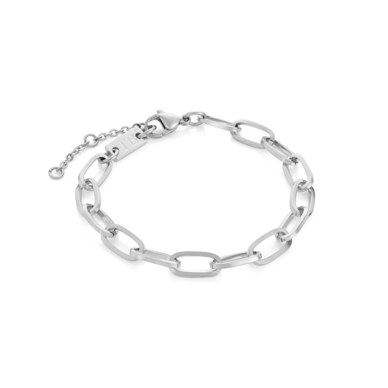 Pulsera de mujer con eslabones plateados de acero inoxidable.