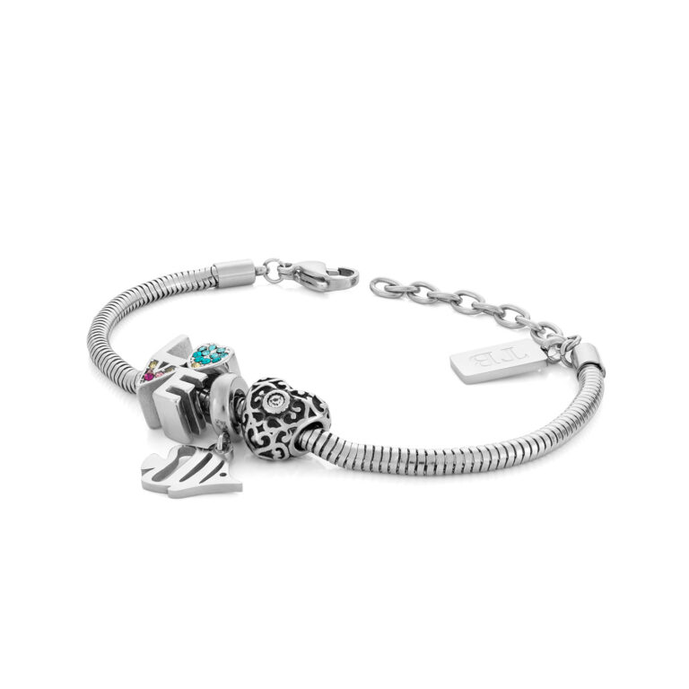 Pulsera de mujer con cuentas, colgante de corazón, pez y colgante de amor con diamantes en acero inoxidable